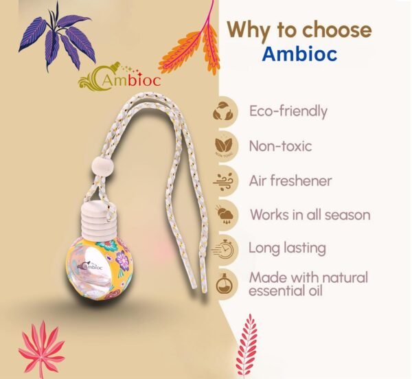 ambioc flora edition car air freshener | long lasting hanging perfume | natural essential oils | premium glass bottle & wooden diffuser | car perfume 10ml | up to 45 days freshnes (mystic rainforest)