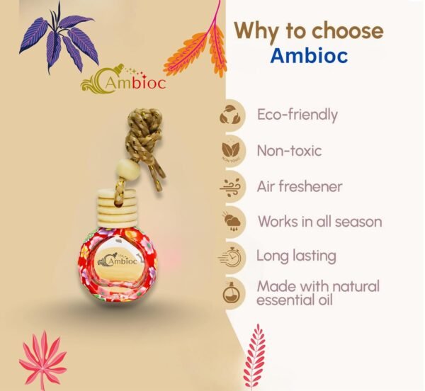 ambioc flora edition car air freshener | long lasting hanging perfume | natural essential oils | premium glass bottle & wooden diffuser | car perfume 10ml | up to 45 days freshnes (velvet rose)