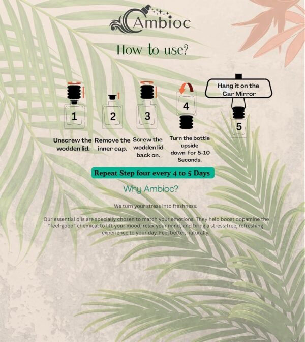 ambioc flora edition car air freshener | long lasting hanging perfume | natural essential oils | premium glass bottle & wooden diffuser | car perfume 10ml | up to 45 days freshnes (mystic rainforest)