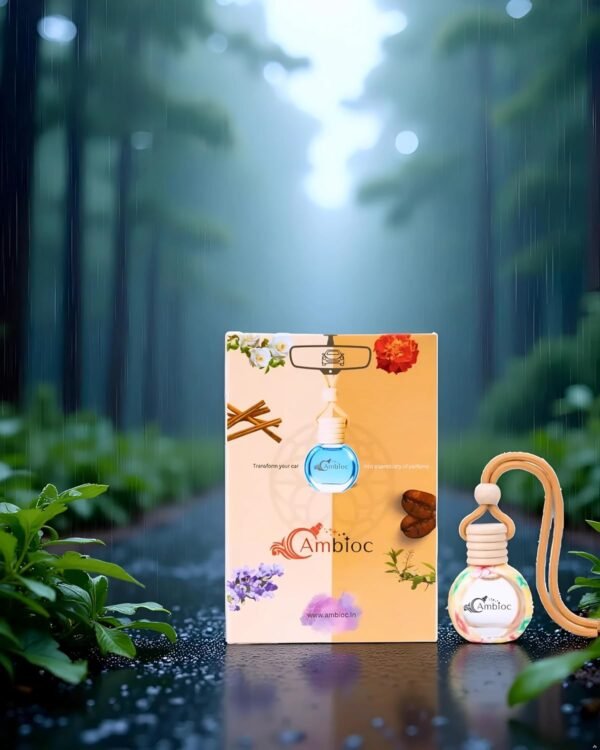 ambioc flora edition car air freshener | long lasting hanging perfume | natural essential oils | premium glass bottle & wooden diffuser | car perfume 10ml | up to 45 days freshnes (mystic rainforest)