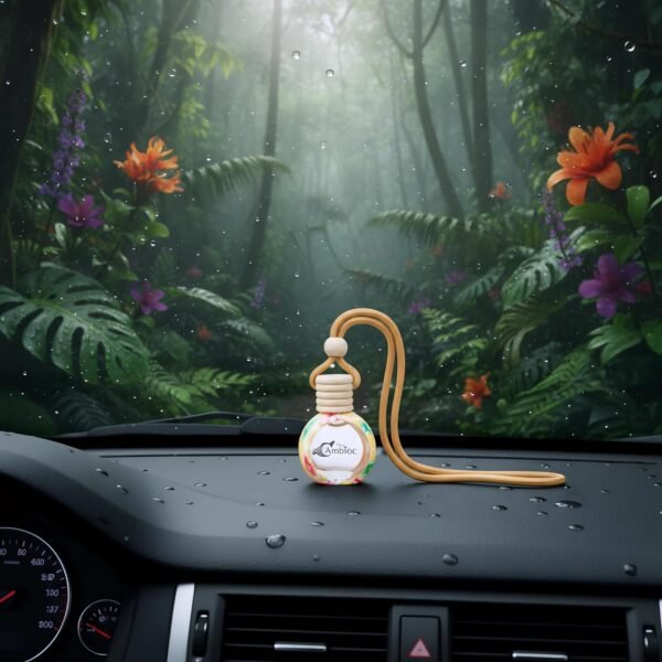 ambioc flora edition car air freshener | long lasting hanging perfume | natural essential oils | premium glass bottle & wooden diffuser | car perfume 10ml | up to 45 days freshnes (mystic rainforest)
