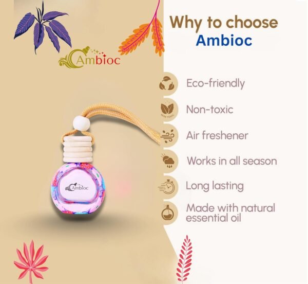 ambioc flora edition car air freshener | long lasting hanging perfume | natural essential oils | premium glass bottle & wooden diffuser | car perfume 10ml | up to 45 days freshnes (vanilla mist)